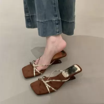 Chunky Heel Gold French Thin Strap Sandals Women 2025 New Summer Dressy · YANYAN China shoe factory