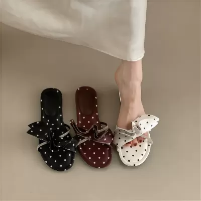 French Rhinestone Ruffle Slide Sandals Women 2026 Summer New Polka Dot