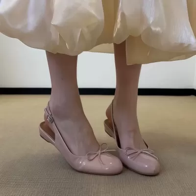 French Bow Closed Toe Chunky Heel Sandals Women Office Back Strap Flats · YANYAN China shoe factory