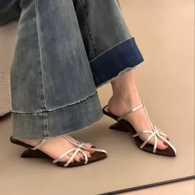 Chuyuji French Pointed Woven Wedge Sandals for Women Summer High Heel Slippers · YANYAN China shoe factory