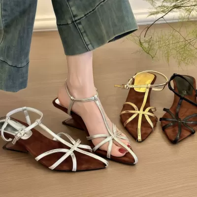 Chuyuji French Retro Pointed Toe Strap Wedge Sandals for Women Summer Open Toe · YANYAN China shoe factory
