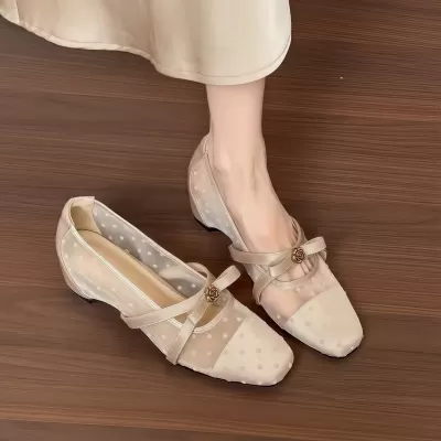 Chuyuji 2026 Summer 5CM Square Toe Mesh Sandals for Women Bow Knot Comfortable · YANYAN China shoe factory