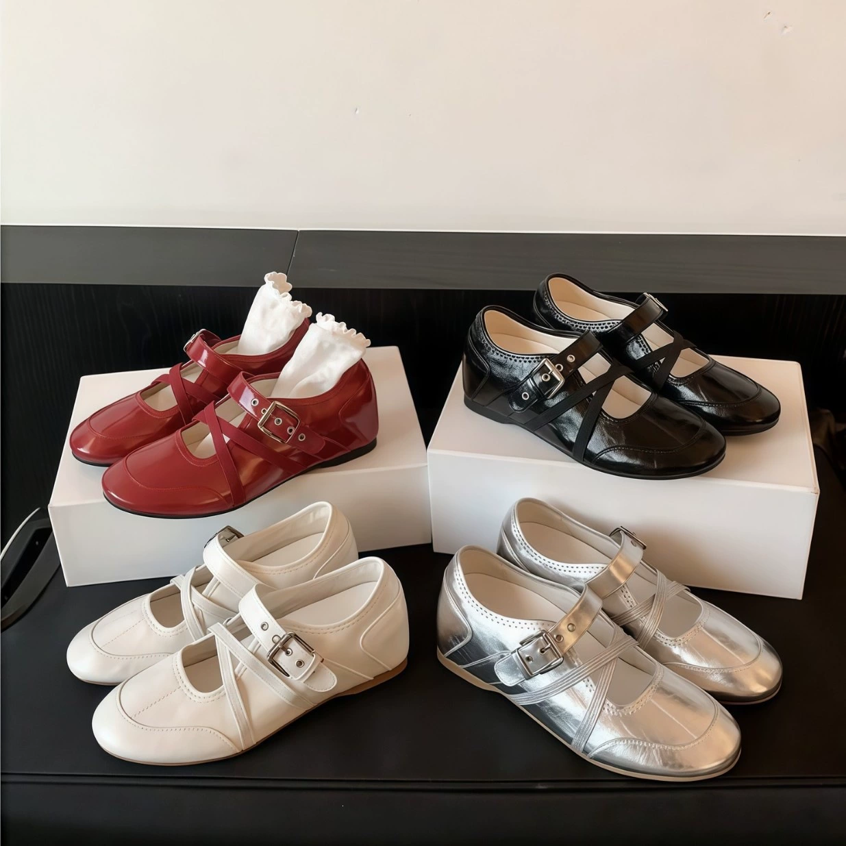 Chuyuji Sapatos Ballet Mary Jane para Mulher Salto Interno Tira Cruzada Tênis Casuais