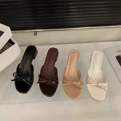 Chuyuji Chanclas de tacón grueso con lazo para mujer, verano 2026, nuevo estilo hada francés · YANYAN China shoe factory