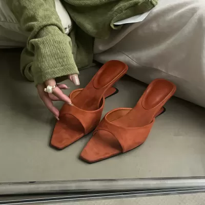 Chuyuji Suede Square Toe Strap Wedge Slippers for Women Summer Office Commute Mules · YANYAN China shoe factory