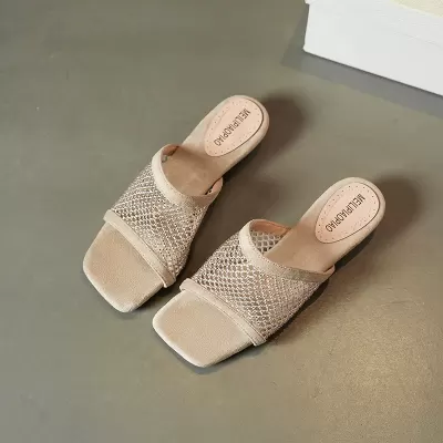 Women's Summer 2026 Rhinestone Mesh Square Toe Chunky Heel Hollow Slide Sandals · YANYAN China shoe factory