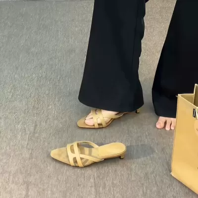 Women's Korean Vacation Kitten Heel Toe Ring Slides Comfortable Casual Sandals