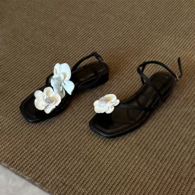 Women's Summer Chanel Style Square Toe Camellia Flat Sandals Open Toe