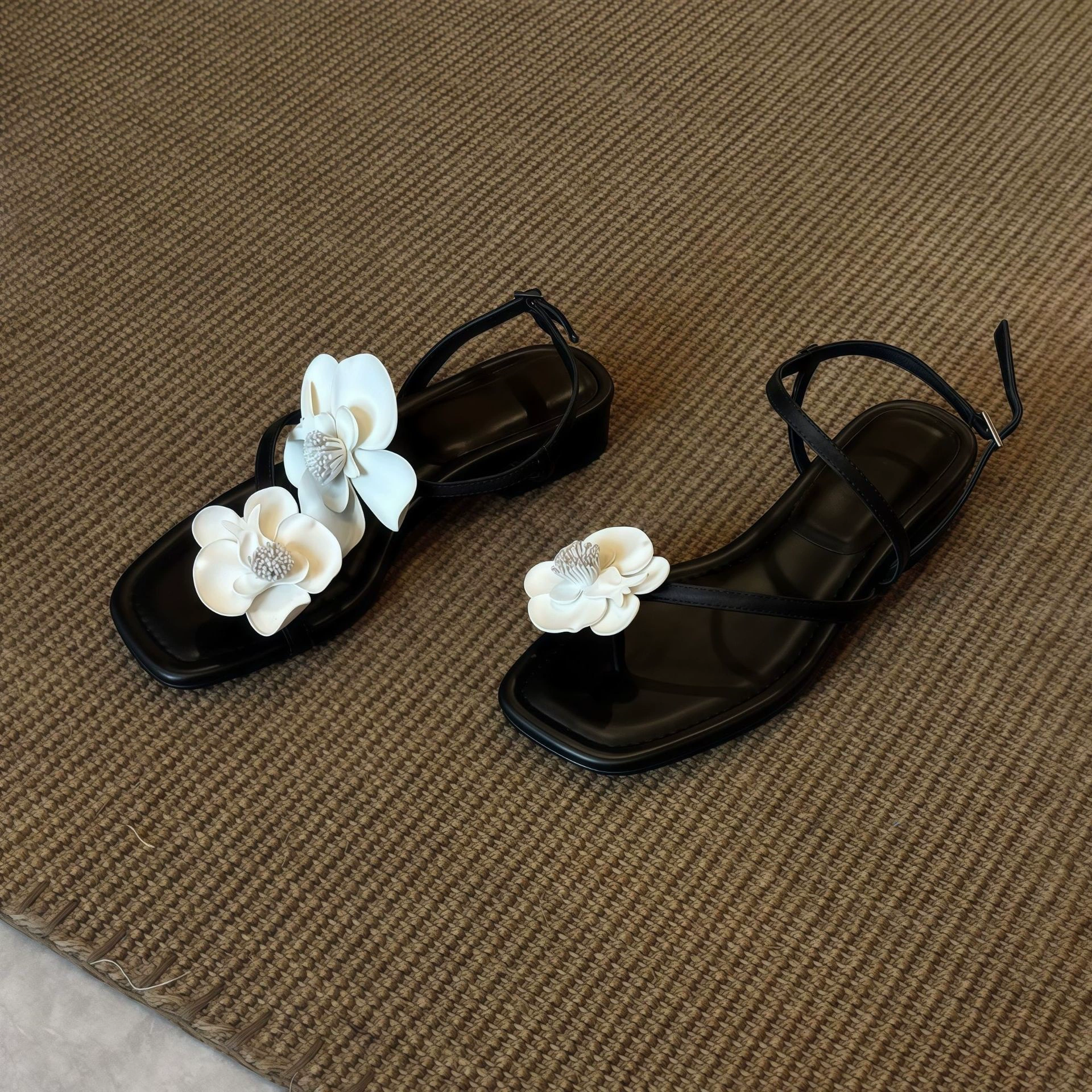 Women's Summer Chanel Style Square Toe Camellia Flat Sandals Open Toe
