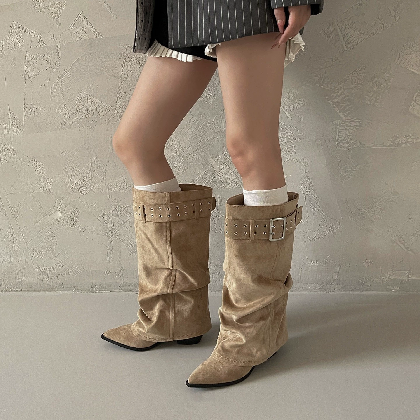 Women's Pointed Toe Retro Folded Stacked Boots Belt Buckle Wide Shaft Western