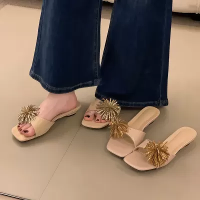 Women's Open Toe Rhinestone Low Heel Slides Summer 2026 Vacation Style