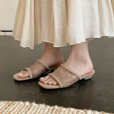 Women's French Rhinestone Mesh Sandals 2026 New Strap Open Toe Flat Beach · YANYAN China shoe factory