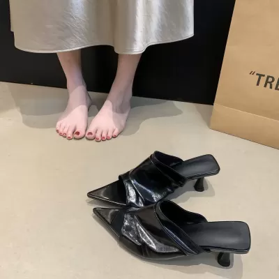 Women's European Pointed Toe Soft Leather Slides Summer 2026 Folded High Heel · YANYAN China shoe factory