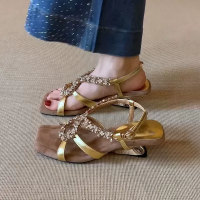 Women's Rhinestone Cross Strap Back Strap Square Toe Wedge Heel Sandals · YANYAN China shoe factory