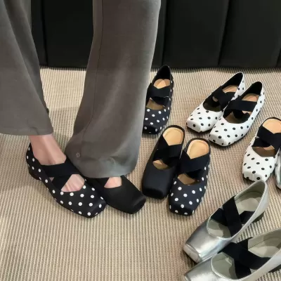 Women's Summer New Closed Toe Satin Square Mary Jane Flats Polka Dot Vintage · YANYAN China shoe factory