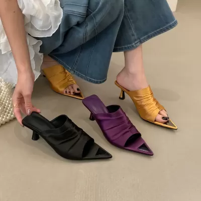 Women's Sexy Pointed Toe Pleated Open Toe Stiletto Slide Sandals Summer Satin · YANYAN China shoe factory