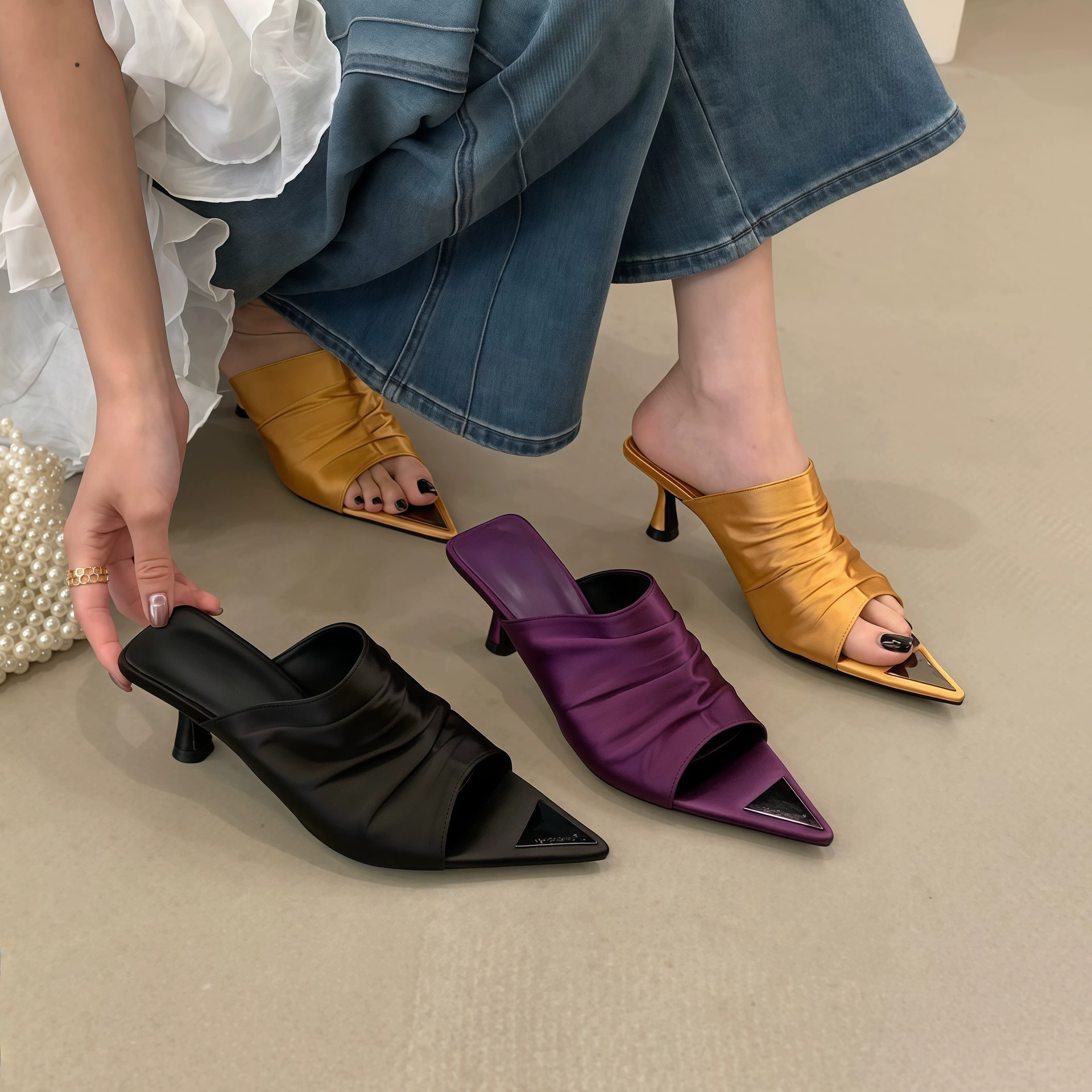 Women's Sexy Pointed Toe Pleated Open Toe Stiletto Slide Sandals Summer Satin
