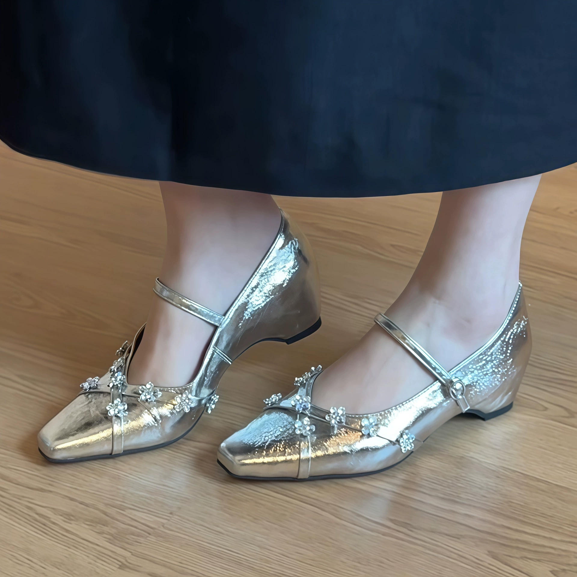 Women's French Silver High Quality Hidden Wedge Mary Jane Shoes Strap Flower