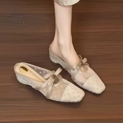 Women's 2026 Summer 5CM Heel Square Toe Strap Mesh Sandals Bow Comfortable Closed · YANYAN China shoe factory