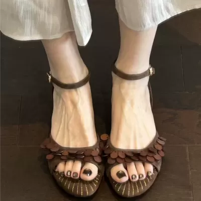 Italian Classic Sequin Open Toe Sandals for Women, Summer New Kitten Heel Office Shoes