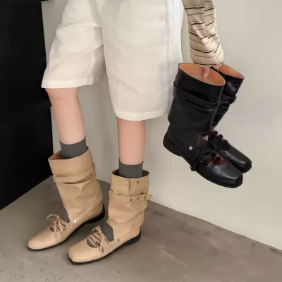 Women's French Lace Up Bootie Sandals 2026 New Two Way Square Toe Motorcycle Boots · YANYAN China shoe factory