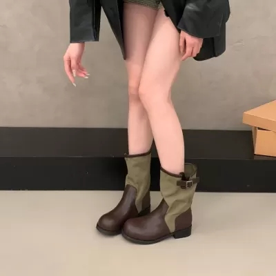 Women's Vintage Color Block Mid Calf Boots 2026 Summer New Chunky Heel Casual · YANYAN China shoe factory