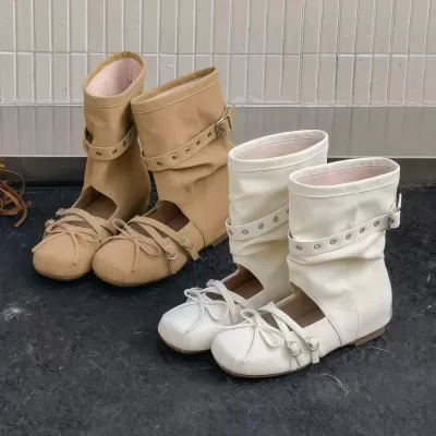 Women's Ballet Lace Up Mid Calf Boots Belt Buckle Hidden Wedge 2026 Summer Korean · YANYAN China shoe factory