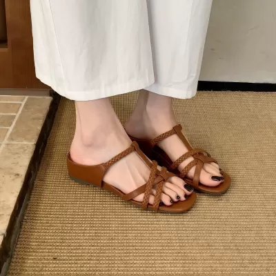 Women's Unique Woven Thin Strap Chunky Heel Slide Sandals Summer Square Toe · YANYAN China shoe factory