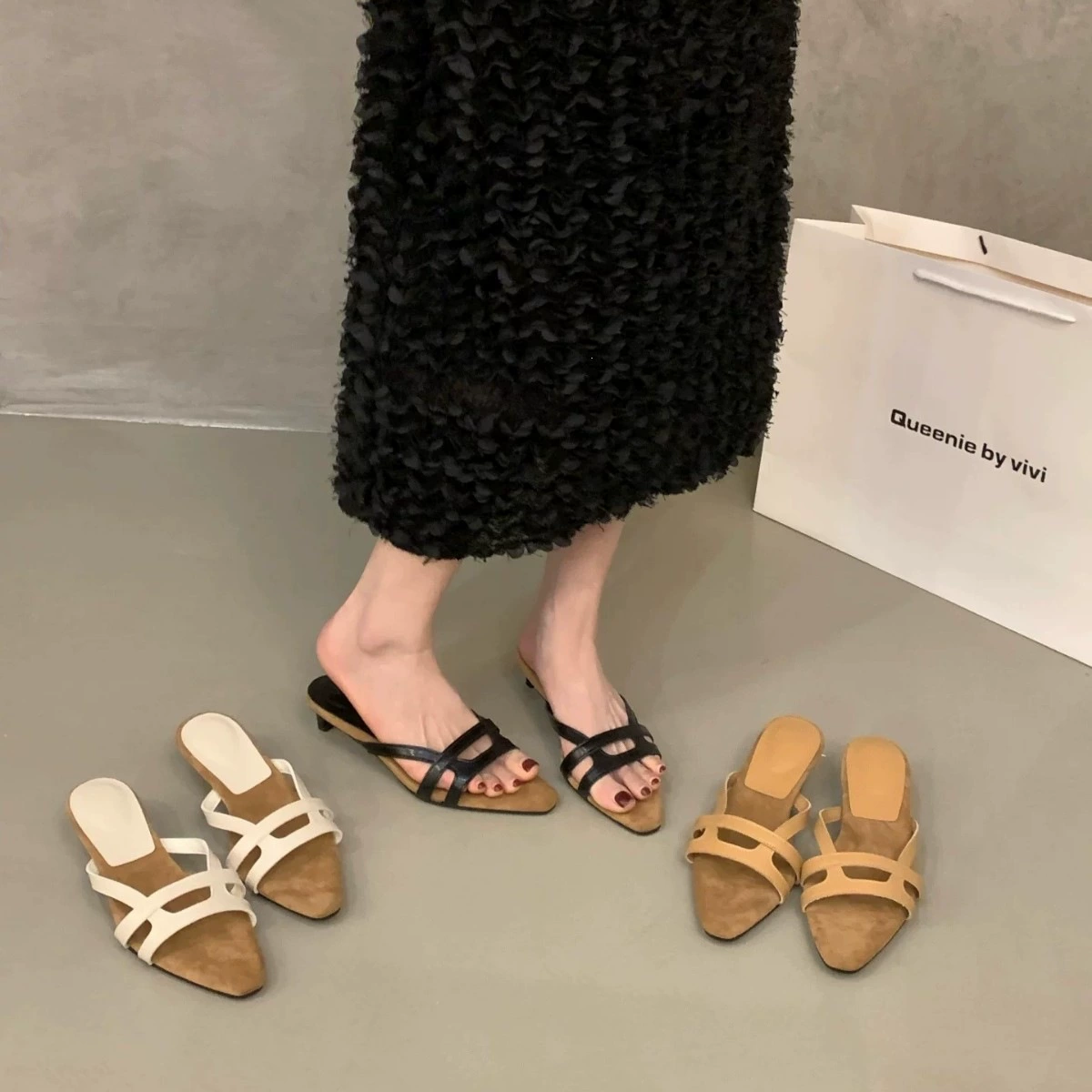 French Chunky Heel Slide Sandals for Women Summer Dress Matching Casual Shoes