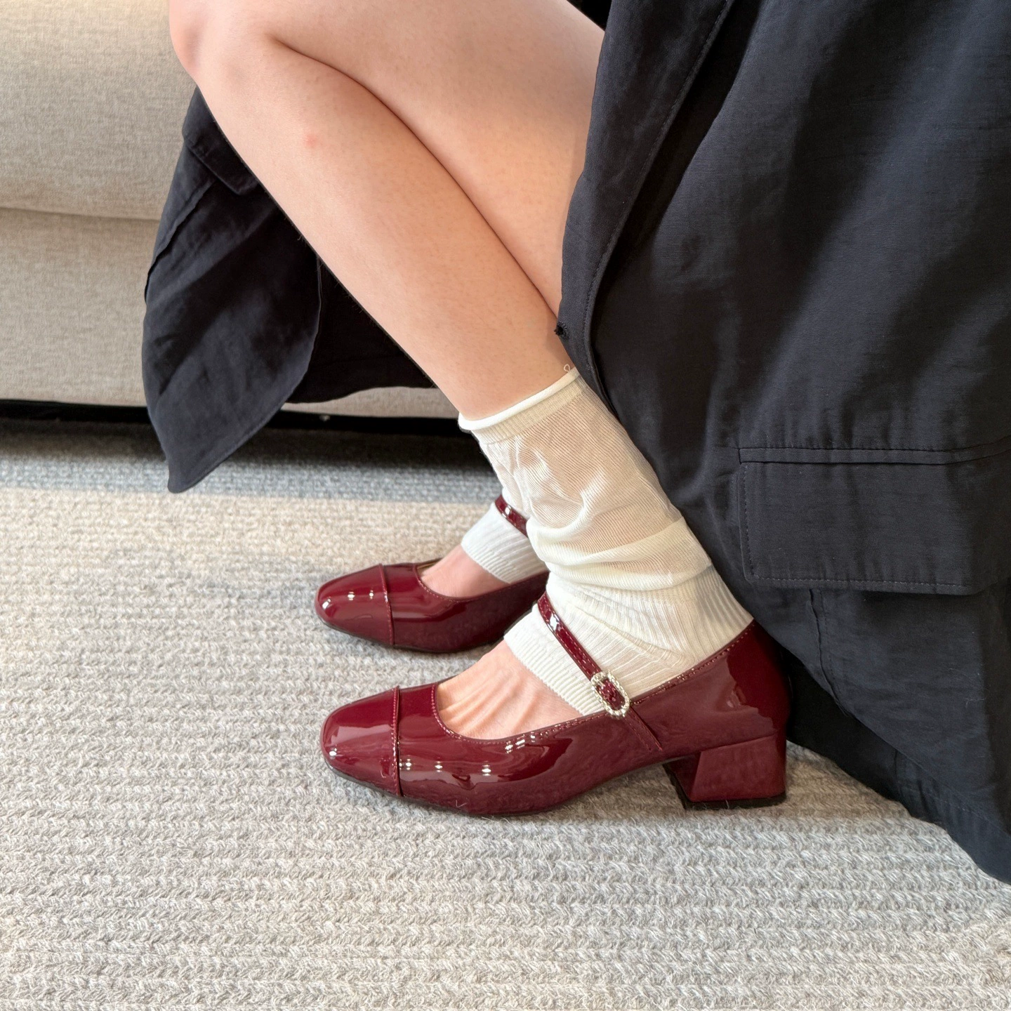Red Chunky Heel Mary Jane Shoes for Women 2026 New Summer Silver Rhinestone Shoes