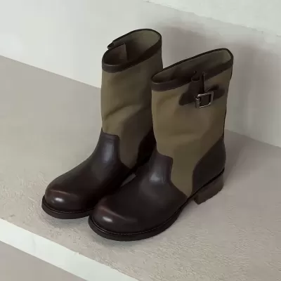 Cowboy Boots for Women Design Green Round Toe Strap Chunky Heel Short Boots