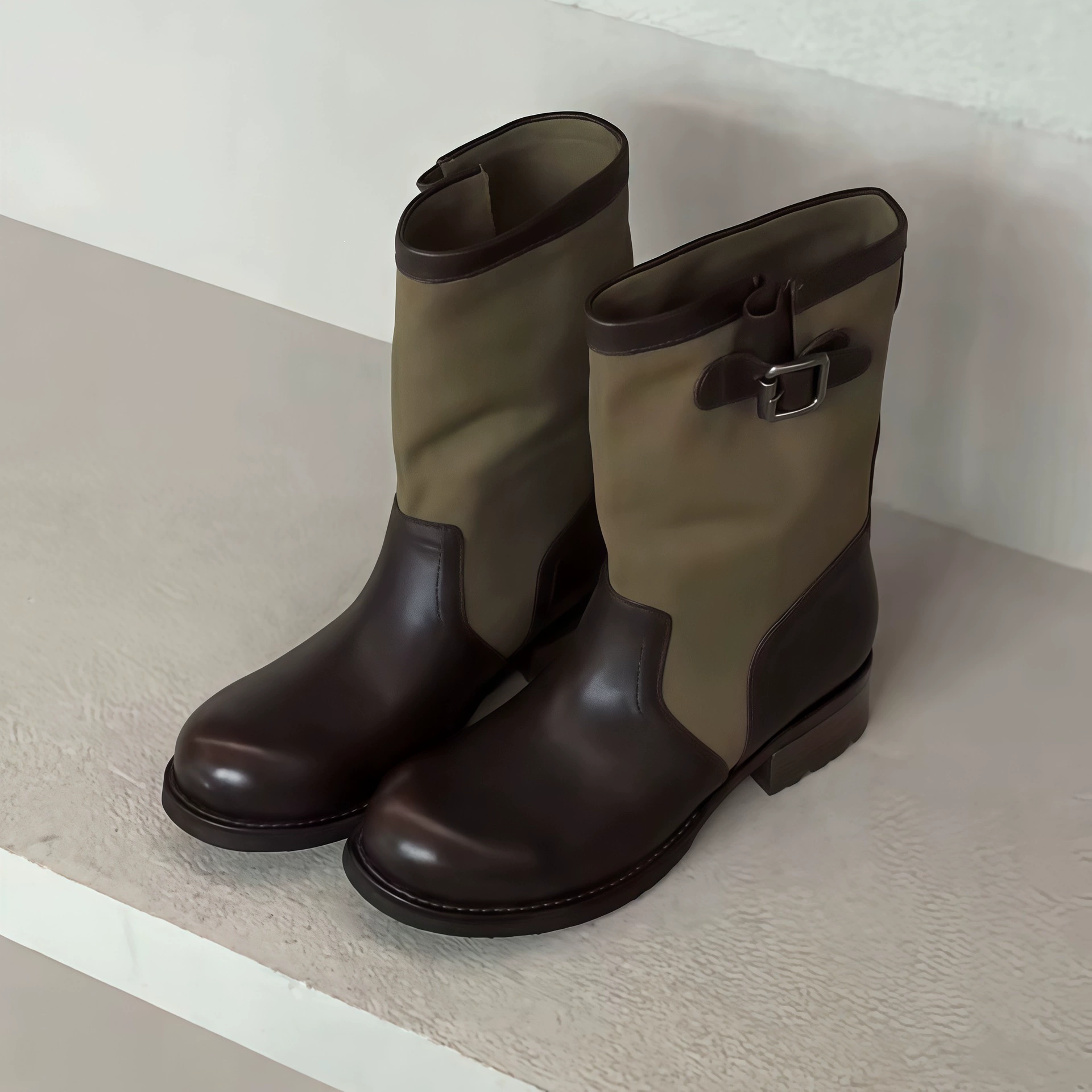 Cowboy Boots for Women Design Green Round Toe Strap Chunky Heel Short Boots