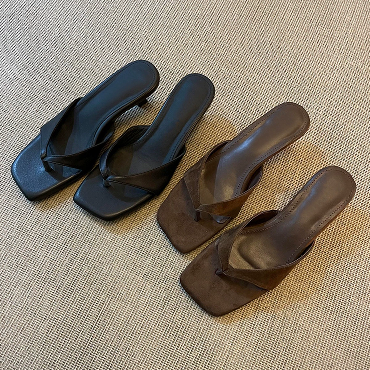 French Square Toe Thong High Heel Sandals for Women Vacation Minimalist Slides