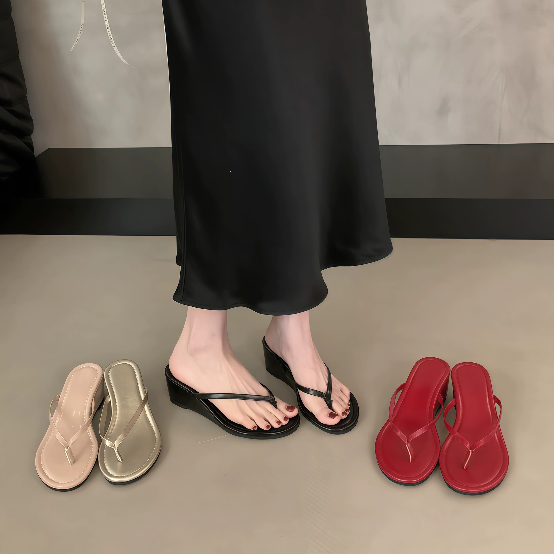 French High Heel Wedge Thong Sandals for Women 2026 Summer Dress Matching