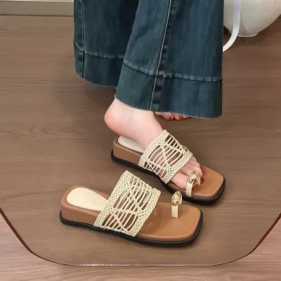 Dicke Keil Zehensteg Slide Sandalen für Damen Sommer 2026 Urlaub Gewebt Strand · YANYAN China shoe factory