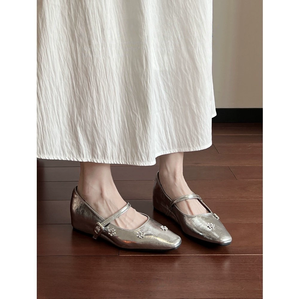 Hidden Wedge Rhinestone Strap Mary Jane Shoes for Women 2026 Square Toe Flats