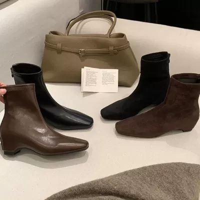 Grape Mom Autumn Winter New 6cm Hidden Wedge Square Toe Chunky Boots for Women 2026