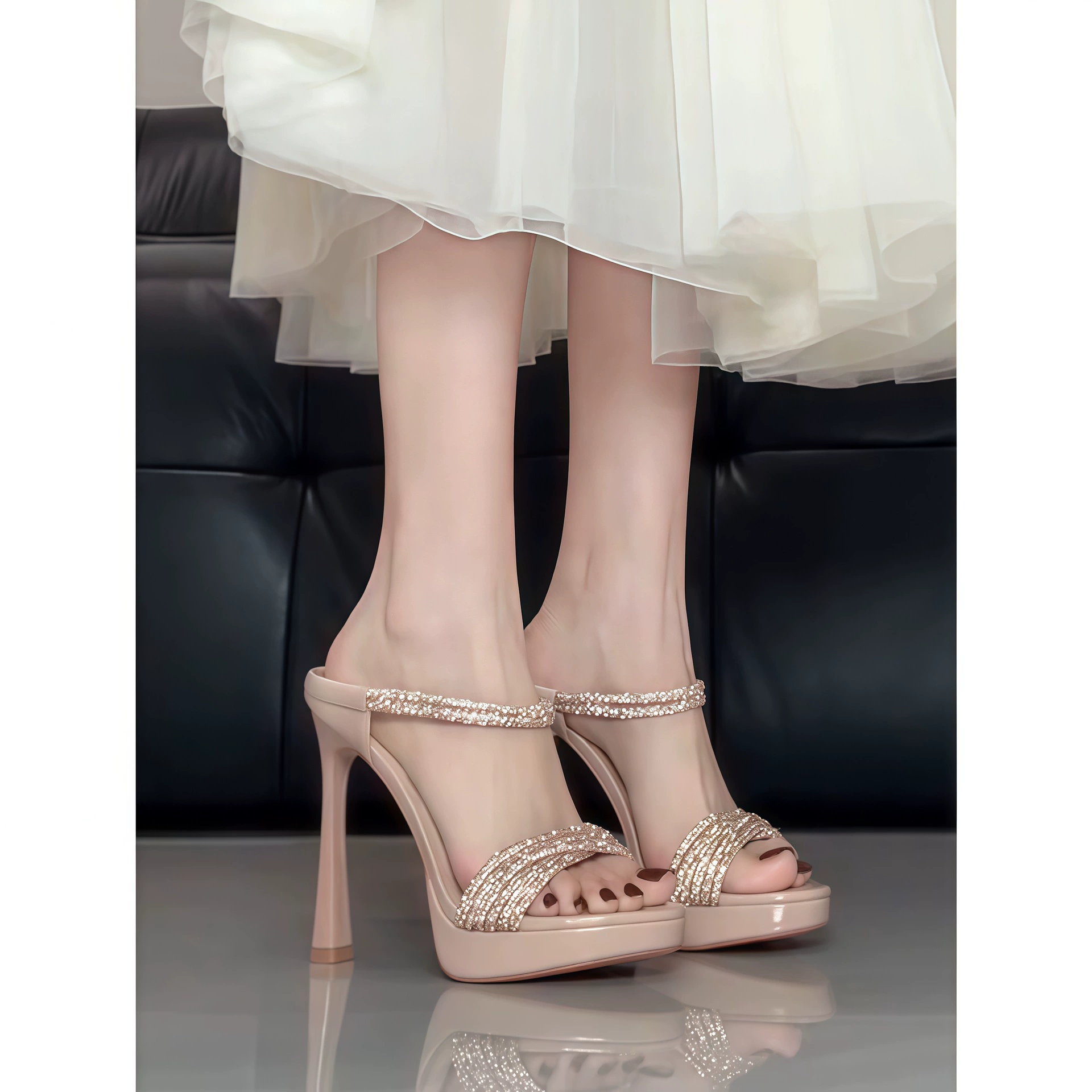 Unique Nude Rhinestone Sandals for Women Summer Open Toe Platform High Heels