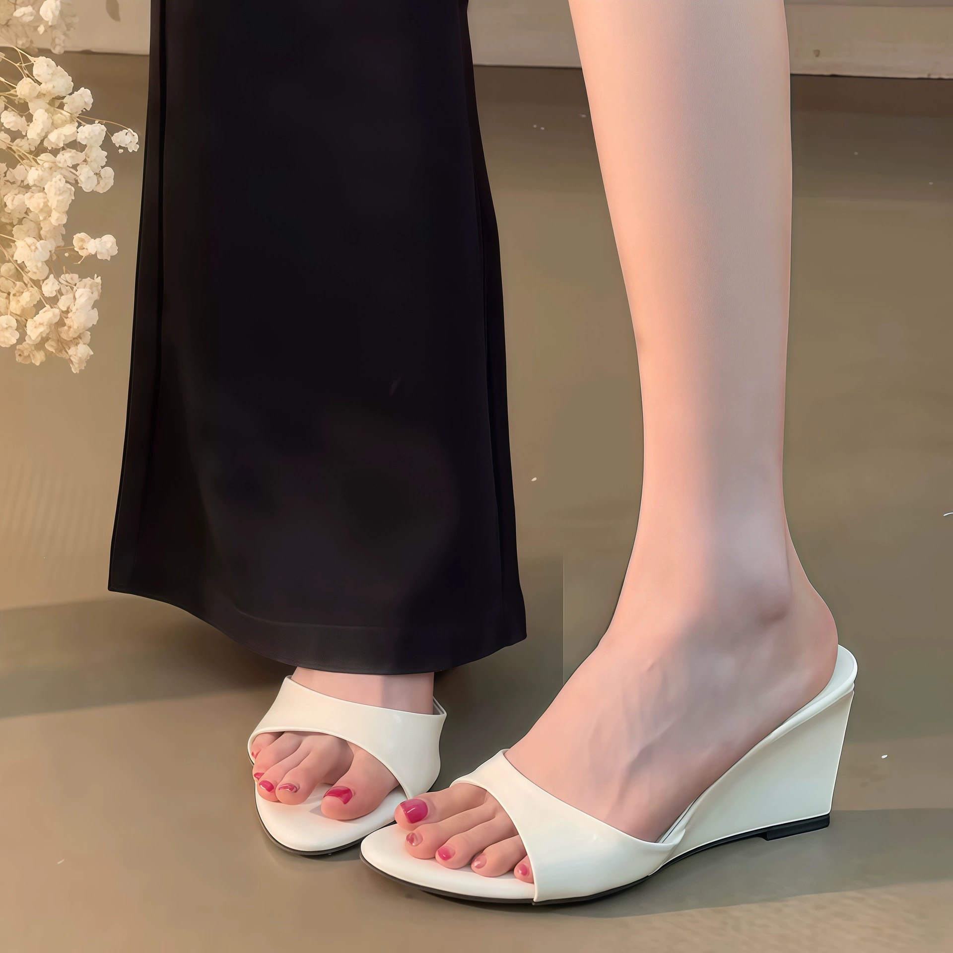 European Wedge White Pointed Patent Leather Open Toe High Heel Sandals for Women