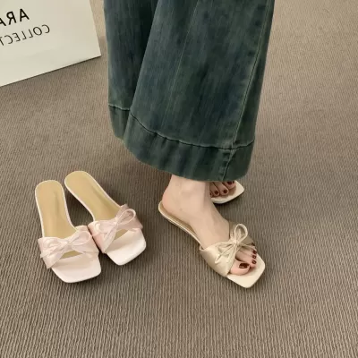 Sweet Satin Bow Open Toe Slide Sandals for Women 2026 Spring Summer Soft Heel · YANYAN China shoe factory
