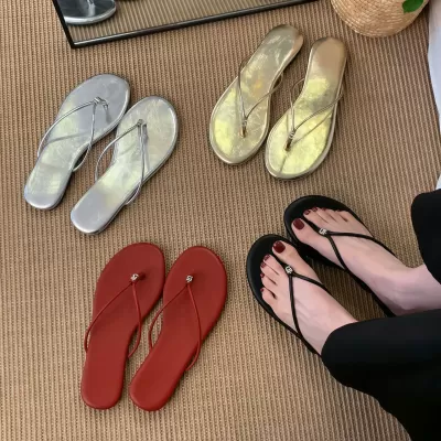 Women's Silver Flat Thin Strap Toe Ring Flip Flops, Summer Beach Sandals · YANYAN China shoe factory