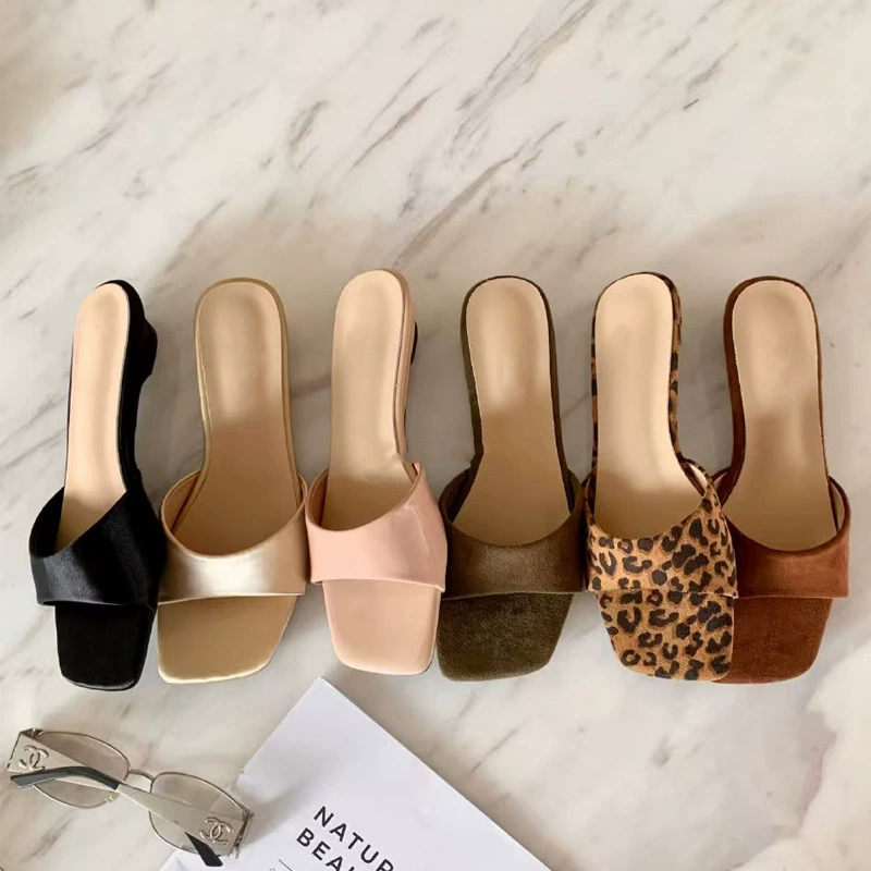 Summer New 3cm Wedge French Square Toe Wide Strap Leopard Print Mule Slides for Women