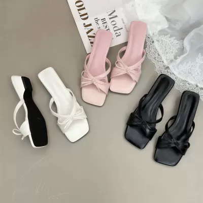 Women's Mid Wedge One-Strap Slides, Open Toe Bow Cross Strap Square Toe 2026 · YANYAN China shoe factory