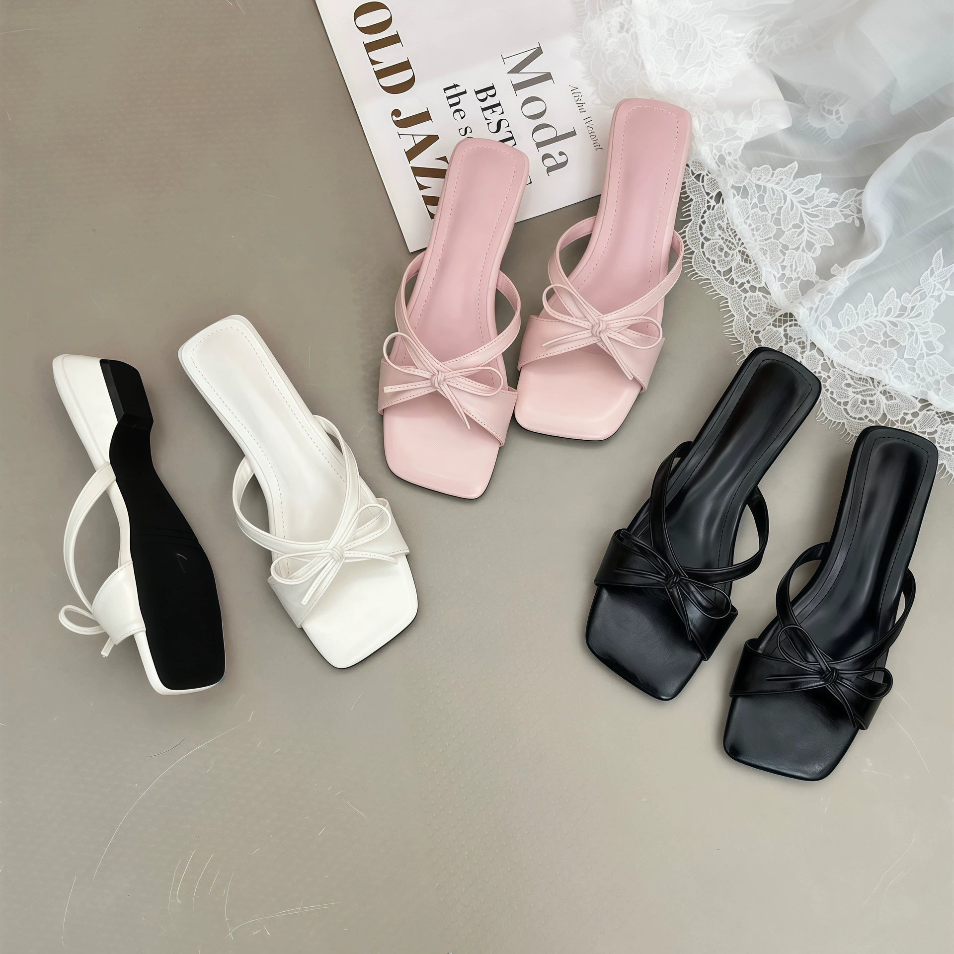 Women's Mid Wedge One-Strap Slides, Open Toe Bow Cross Strap Square Toe 2026