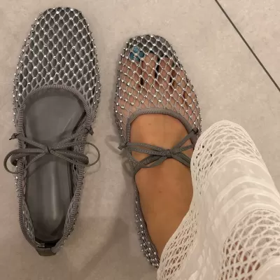 Women's French Ballet Flat One-Strap Mary Jane Shoes, Square Toe Rhinestone Mesh 2026 · YANYAN China shoe factory