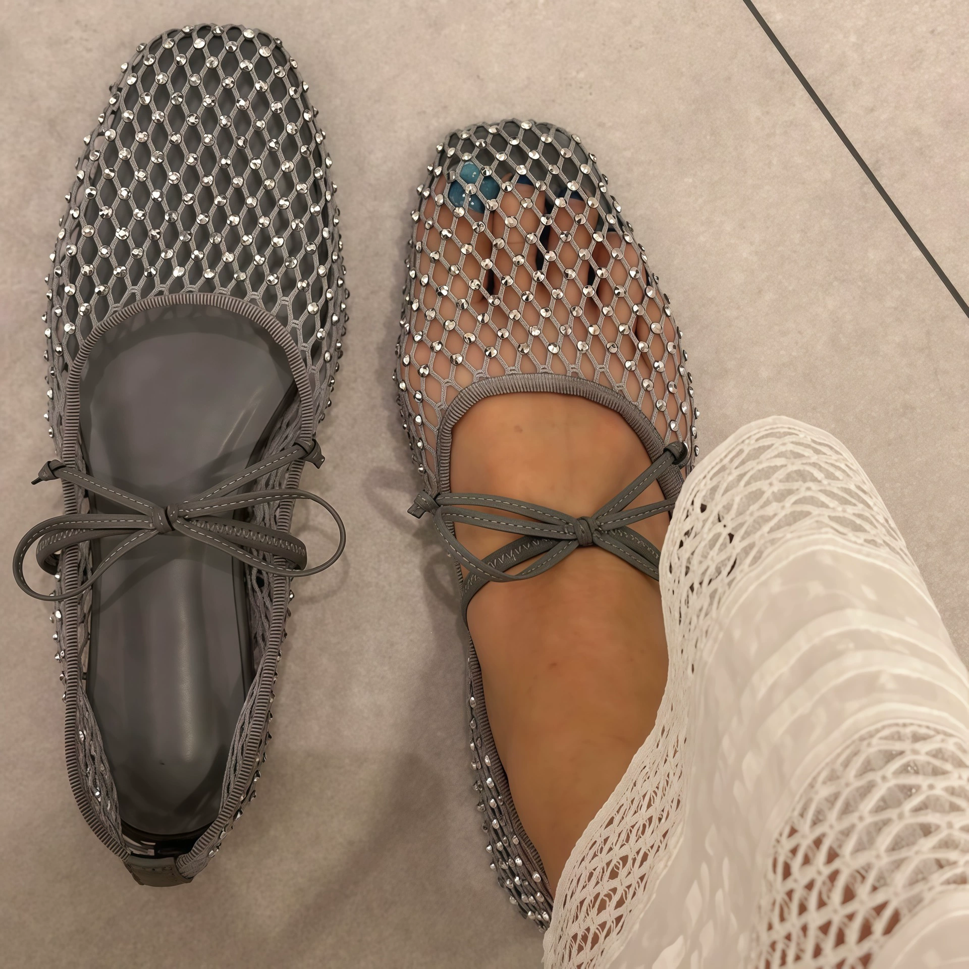 Women's French Ballet Flat One-Strap Mary Jane Shoes, Square Toe Rhinestone Mesh 2026