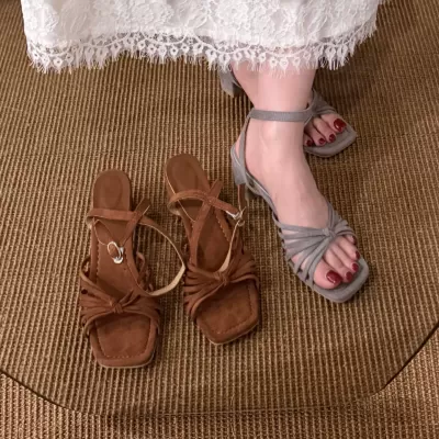 Women's Square Open Toe Sandals, Matte Chunky Heel One-Strap Roman Sandals 2026 · YANYAN China shoe factory