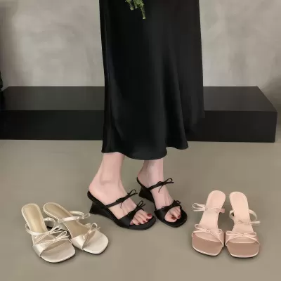 Women's French Wedge Satin Bow Slides, Summer Dress High Heel Sandals 2026 · YANYAN China shoe factory