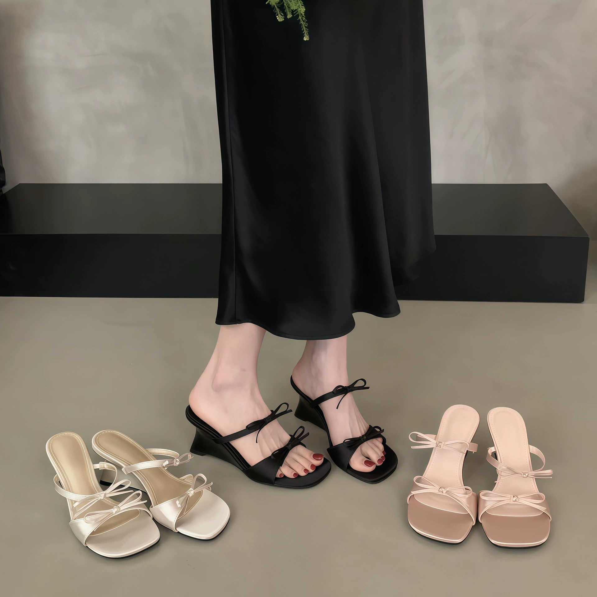 Women's French Wedge Satin Bow Slides, Summer Dress High Heel Sandals 2026