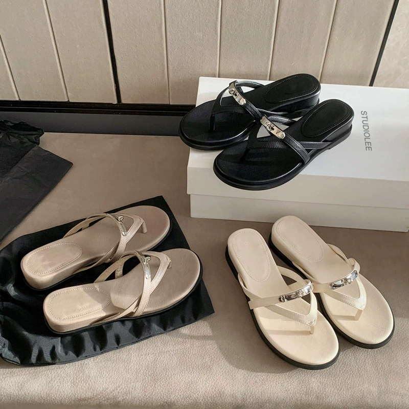 Thong Sandals for Women Summer, Metal Buckle Slides Thick Sole Vacation Flip Flops